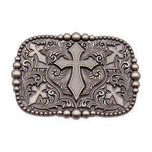 Men Women Western Belt Buckle Rusty Dark Silver Metal Cross Religious Weekend